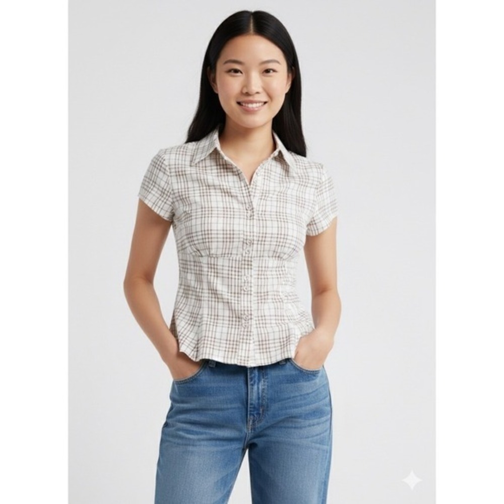 Princess Polly PLAID SHIRT BUTTON UP SHORT SLEEVE CINCHED WAIST BLOUSE TOP US 2
